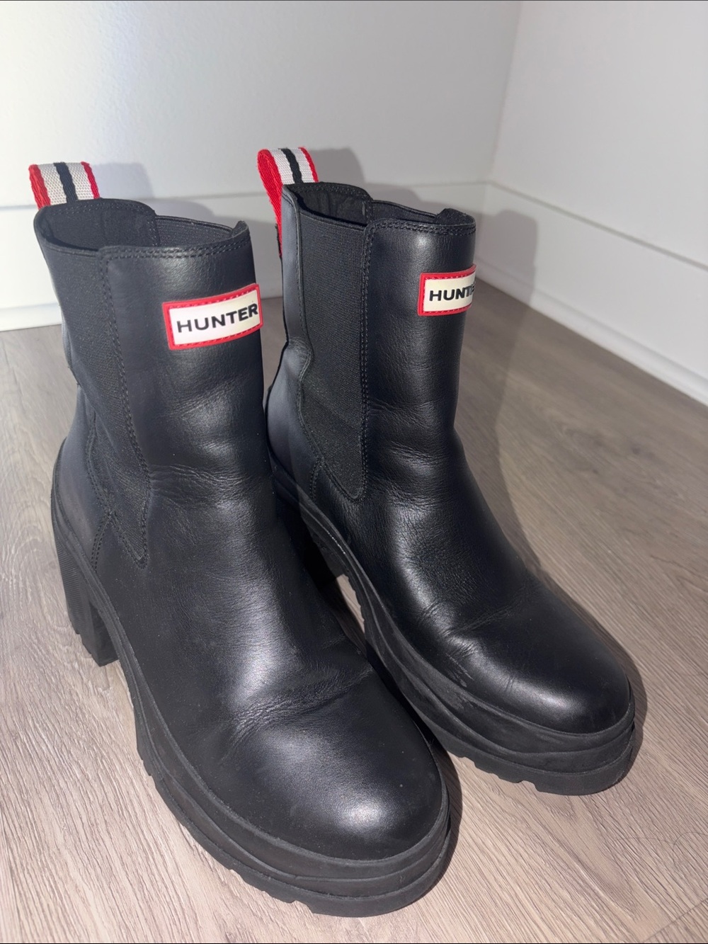 Hunter Black Leather Platform Chelsea Boots with Red Trim